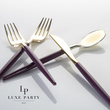 Load image into Gallery viewer, Purple • Gold Plastic Cutlery Set | 32 Pieces - Luxe Party NYC