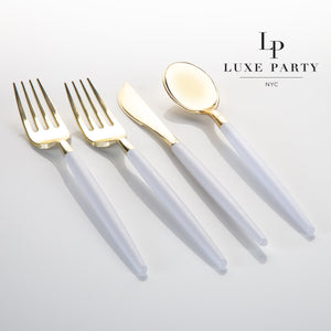 White • Gold Plastic Cutlery Set | 32 Pieces - Luxe Party NYC