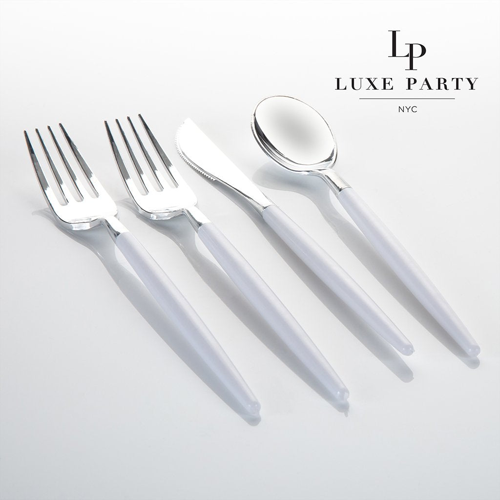 White • Silver Plastic Cutlery Set | 32 Pieces - Luxe Party NYC