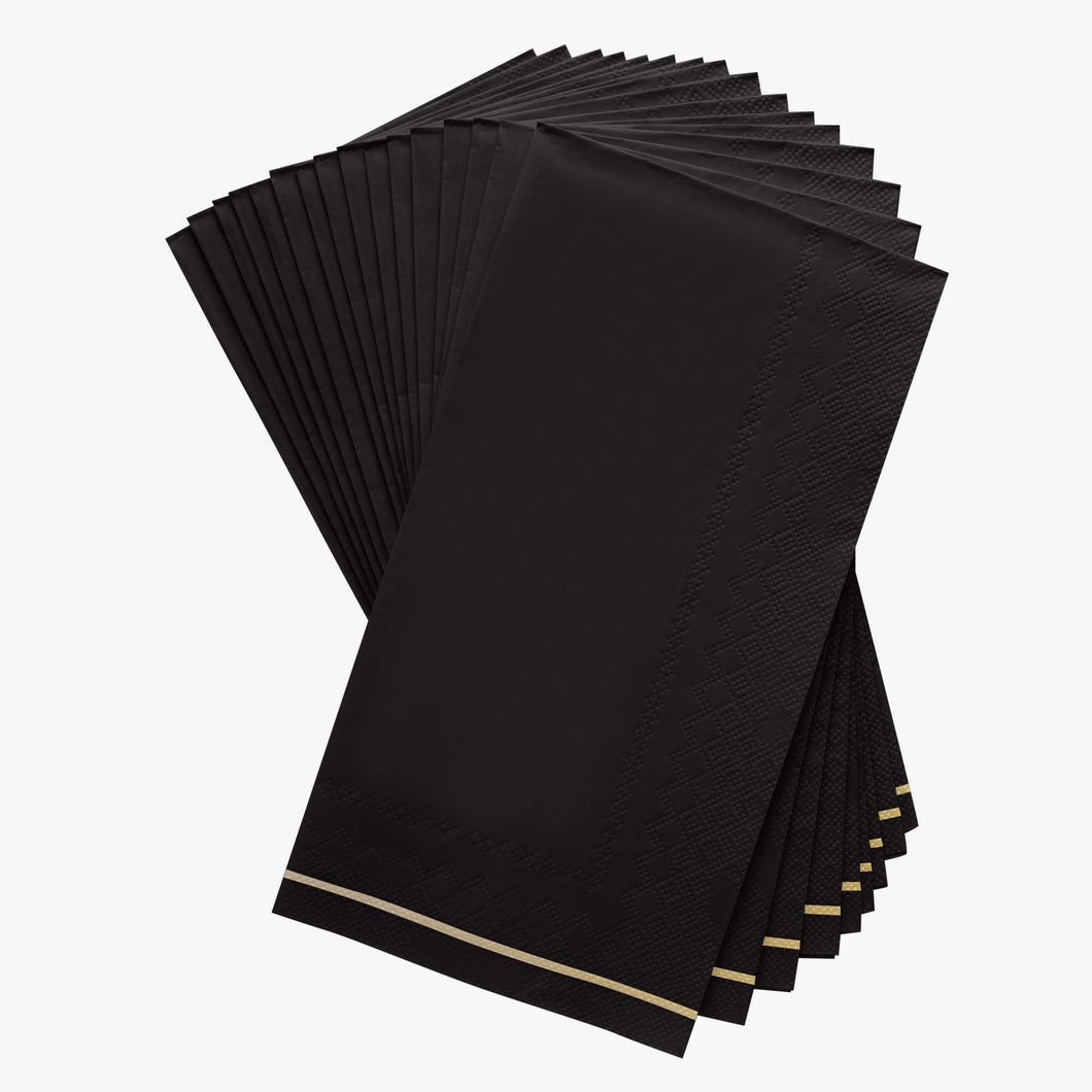 16 PK Black with Gold Stripe Guest Paper Napkins