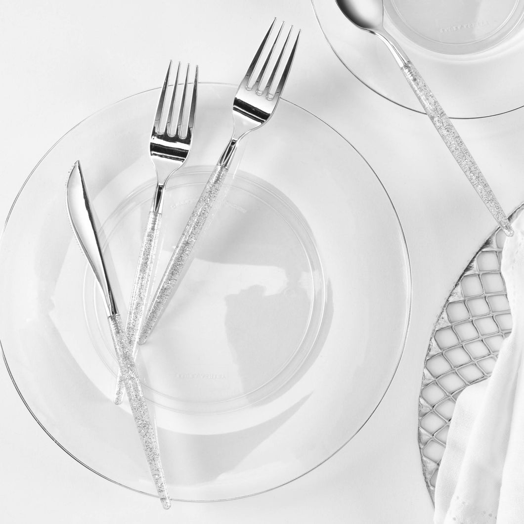 Silver Glitter Plastic Cutlery Set | 32 Pieces - Luxe Party NYC
