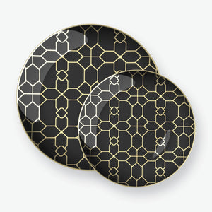 Round Black • Gold Pattern Plastic Plates | 10 Pack - Luxe Party NYC