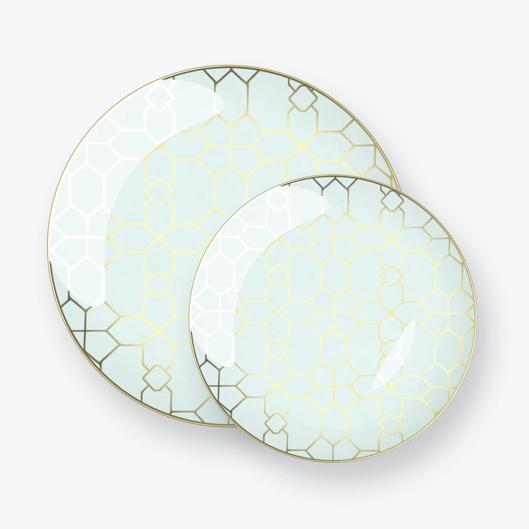 Round Mint • Gold Pattern Plastic Plates | 10 Pack - Luxe Party NYC