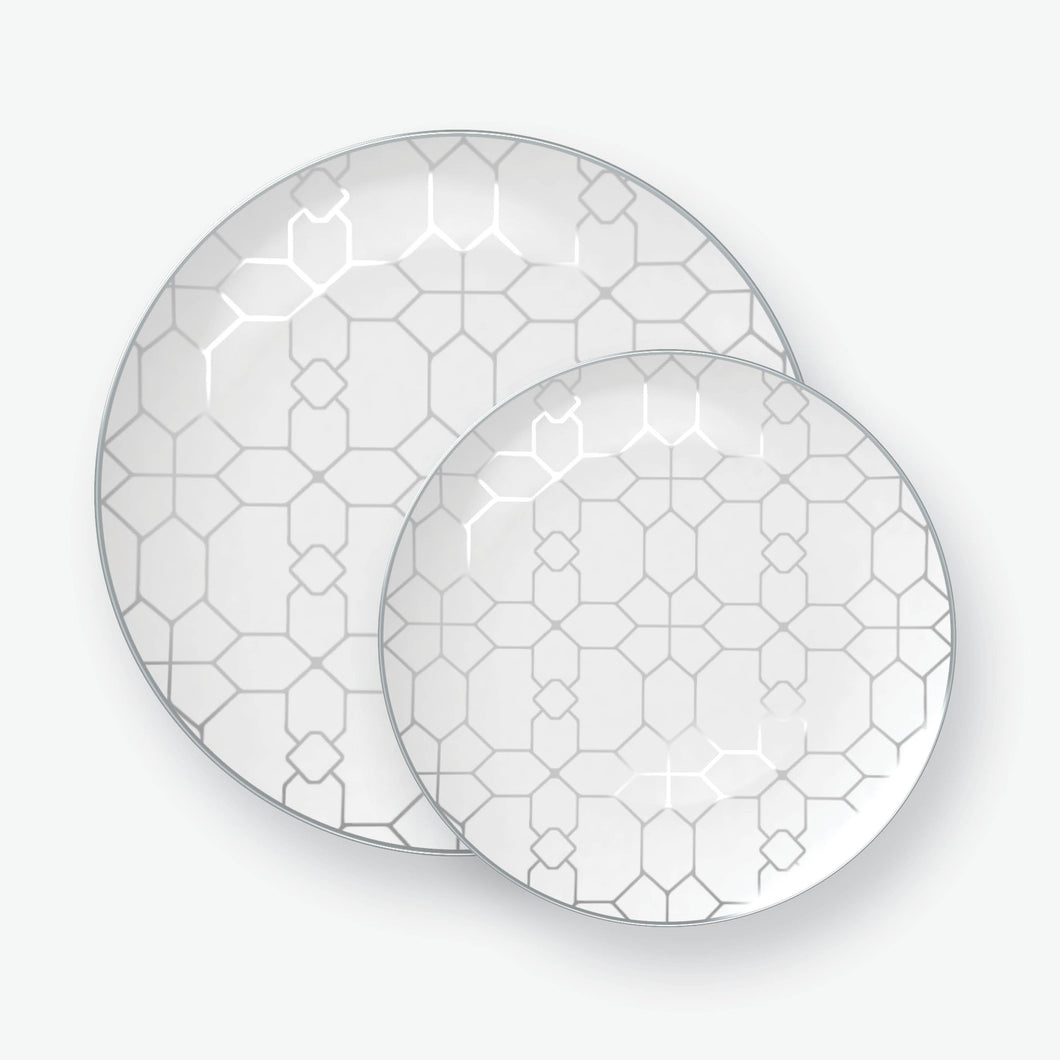 Round White • Silver Pattern Plastic Plates | 10 Pack - Luxe Party NYC