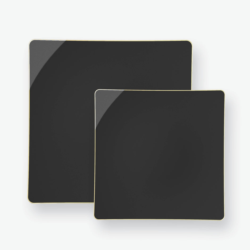 Square Coupe Black • Gold Plastic Plates | 10 Pack - Luxe Party NYC