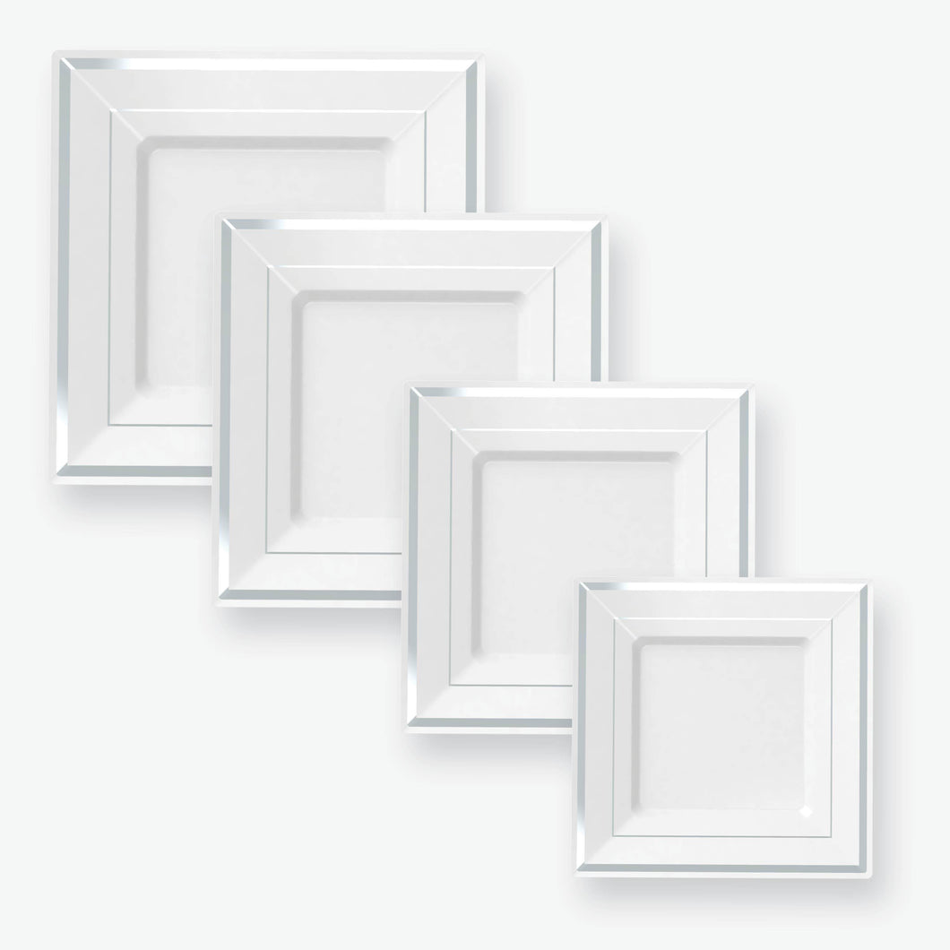 Classic Square White • Silver Plastic Plates | 10 Plates - Luxe Party NYC
