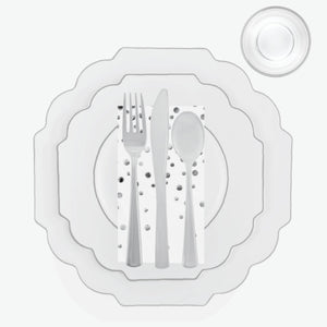 56 Pc | Solid Scallop White • Silver Plastic Party Set - Luxe Party NYC