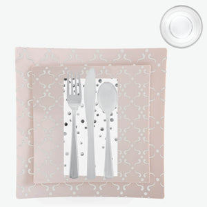 56 Pc | Square Pattern Blush • Silver Plastic Party Set - Luxe Party NYC