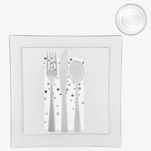 56 Pc | Square Coupe White • Silver Plastic Party Set - Luxe Party NYC