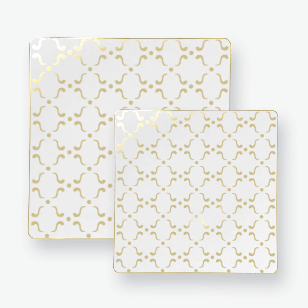 Square White • Gold Pattern Plastic Plates | 10 Plates - Luxe Party NYC
