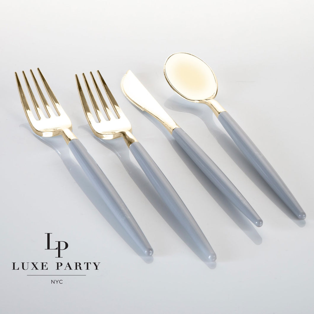 Grey • Gold Plastic Cutlery Set | 32 Pieces - Luxe Party NYC