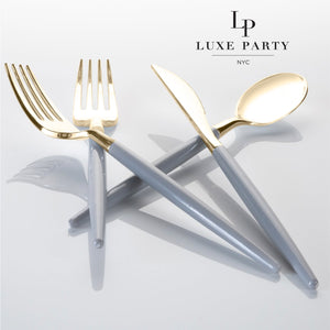 Grey • Gold Plastic Cutlery Set | 32 Pieces - Luxe Party NYC